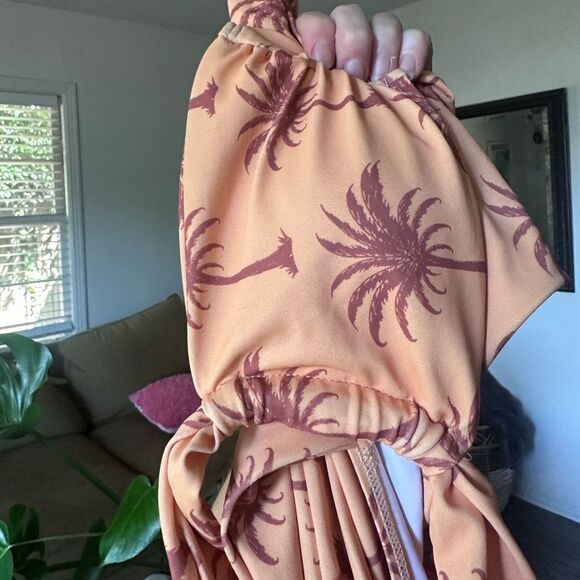 One Shoulder Swim Suit Bikini Set size Small Orange Burgundy Tropical Palm Print - Picture 3 of 3